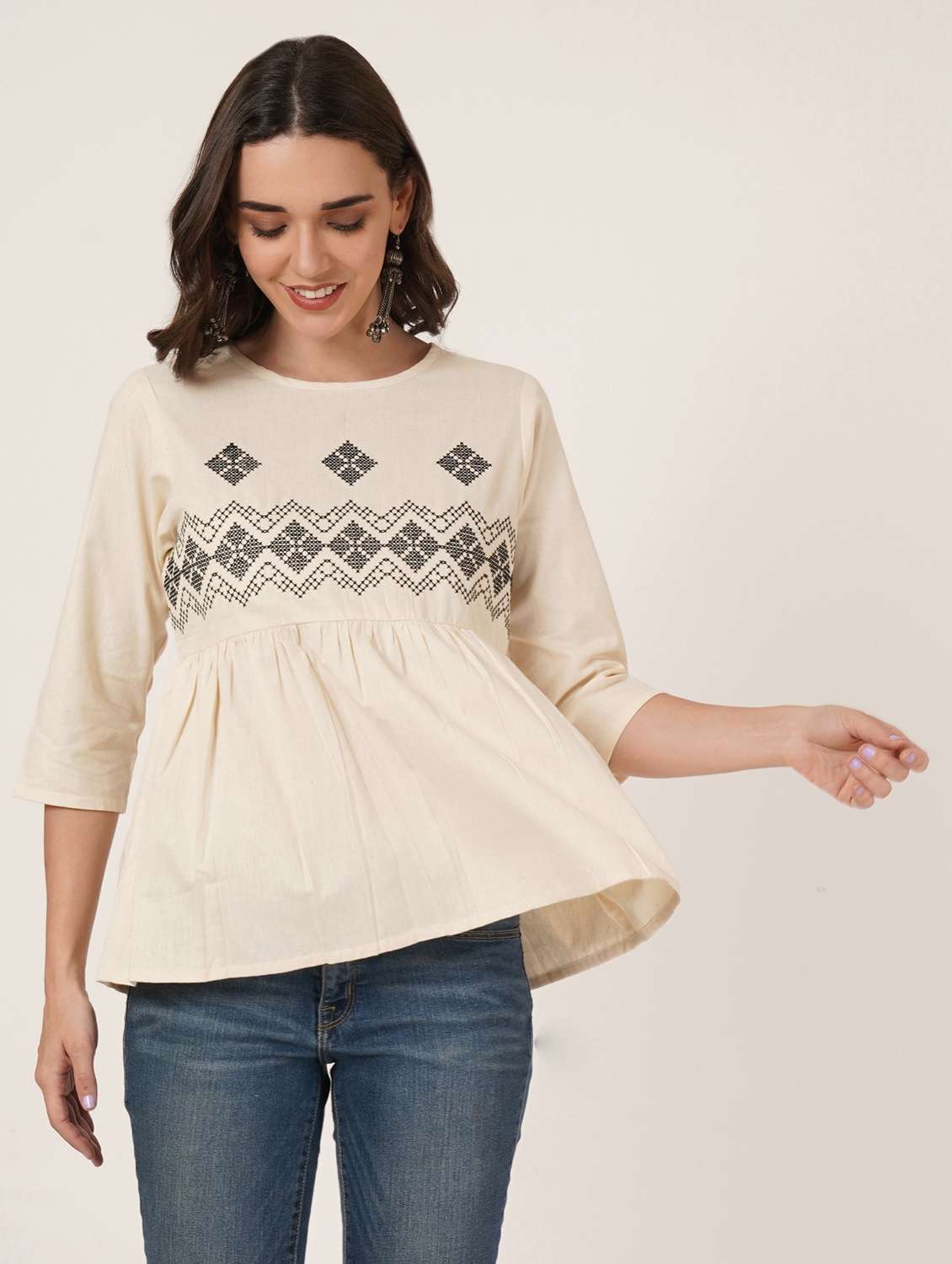 women self designed three quartre sleeve top - 22076360 - Standard Image - 2