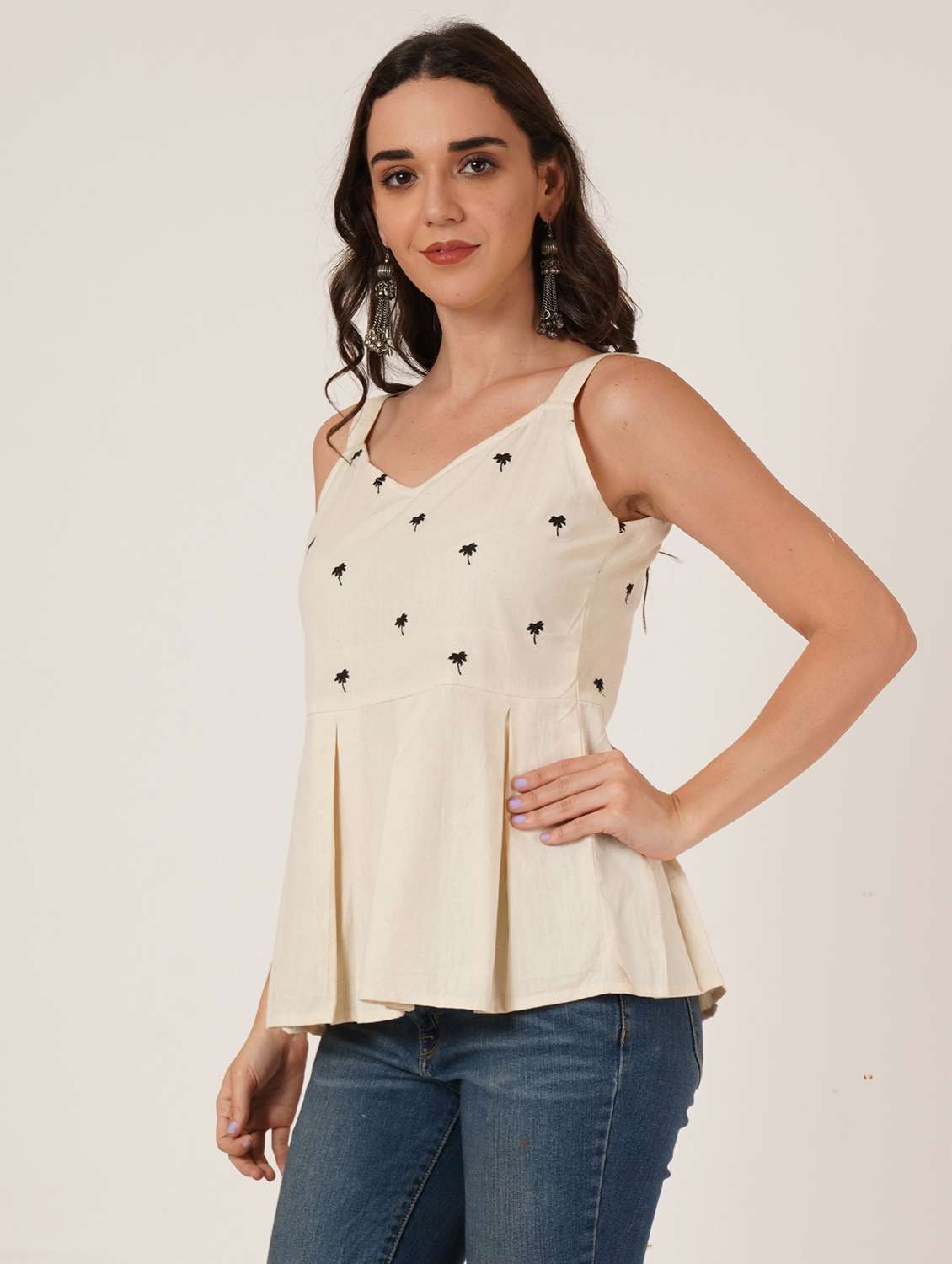 women embroidered shoulder strap peplum top - 22076368 - Standard Image - 2