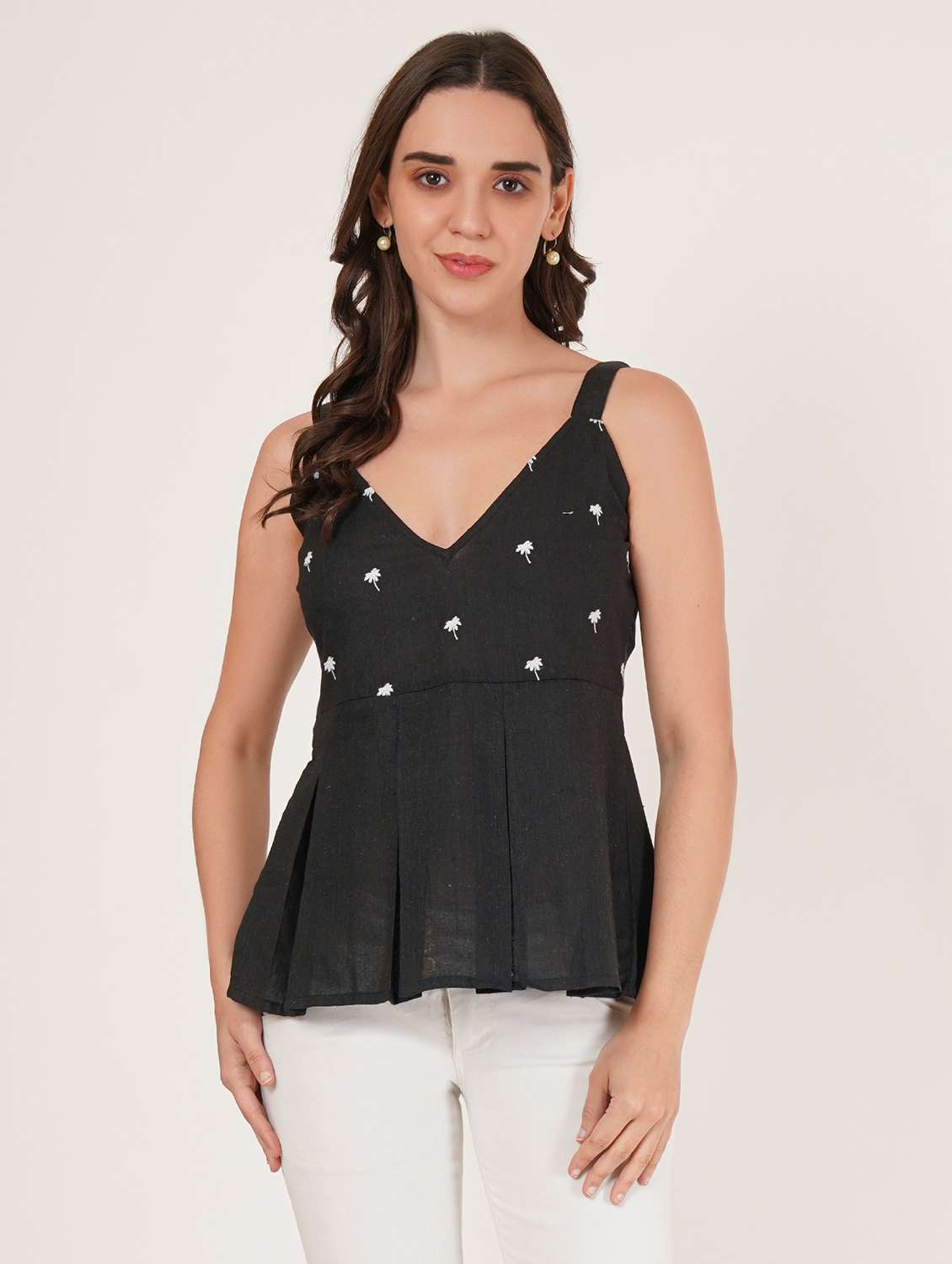 women embroidered shoulder strap peplum top