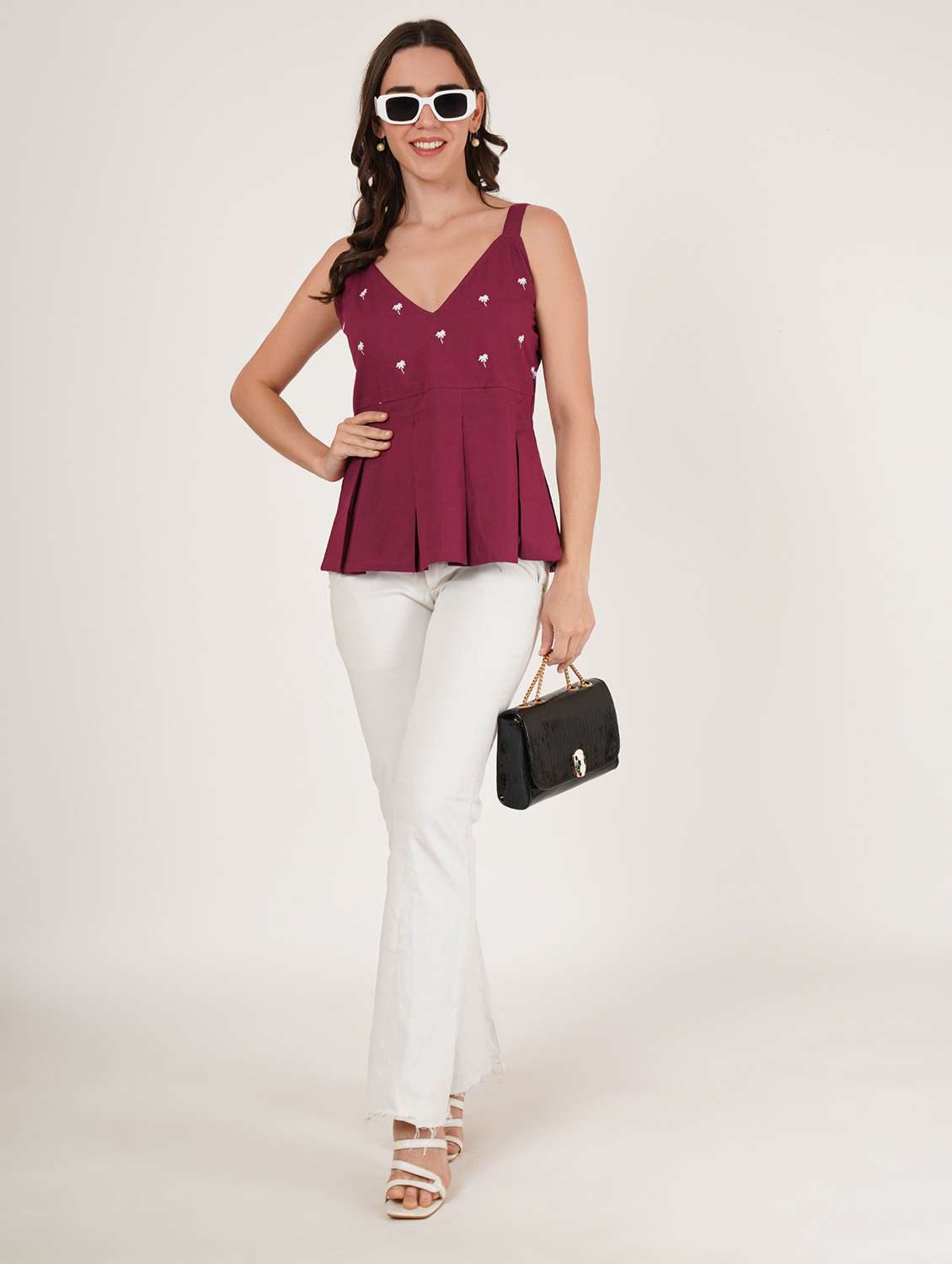 women embroidered shoulder strap peplum top - 22076370 - Standard Image - 2