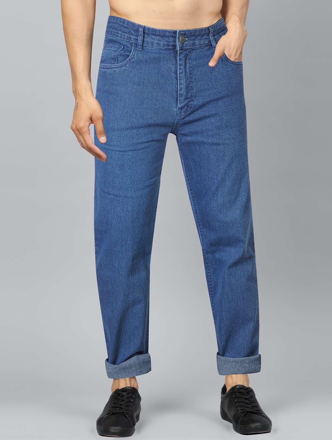 men plain mid rise full length tapered jeans