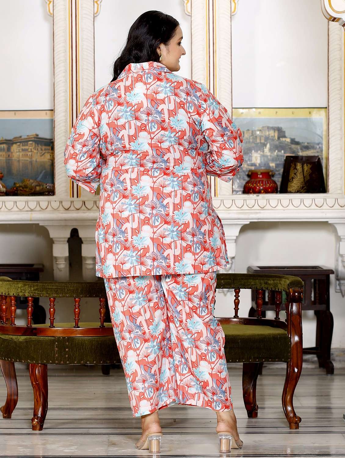 women three quarter sleeve plus size ethnic co-ord set - 22076445 -  Standard Image - 2