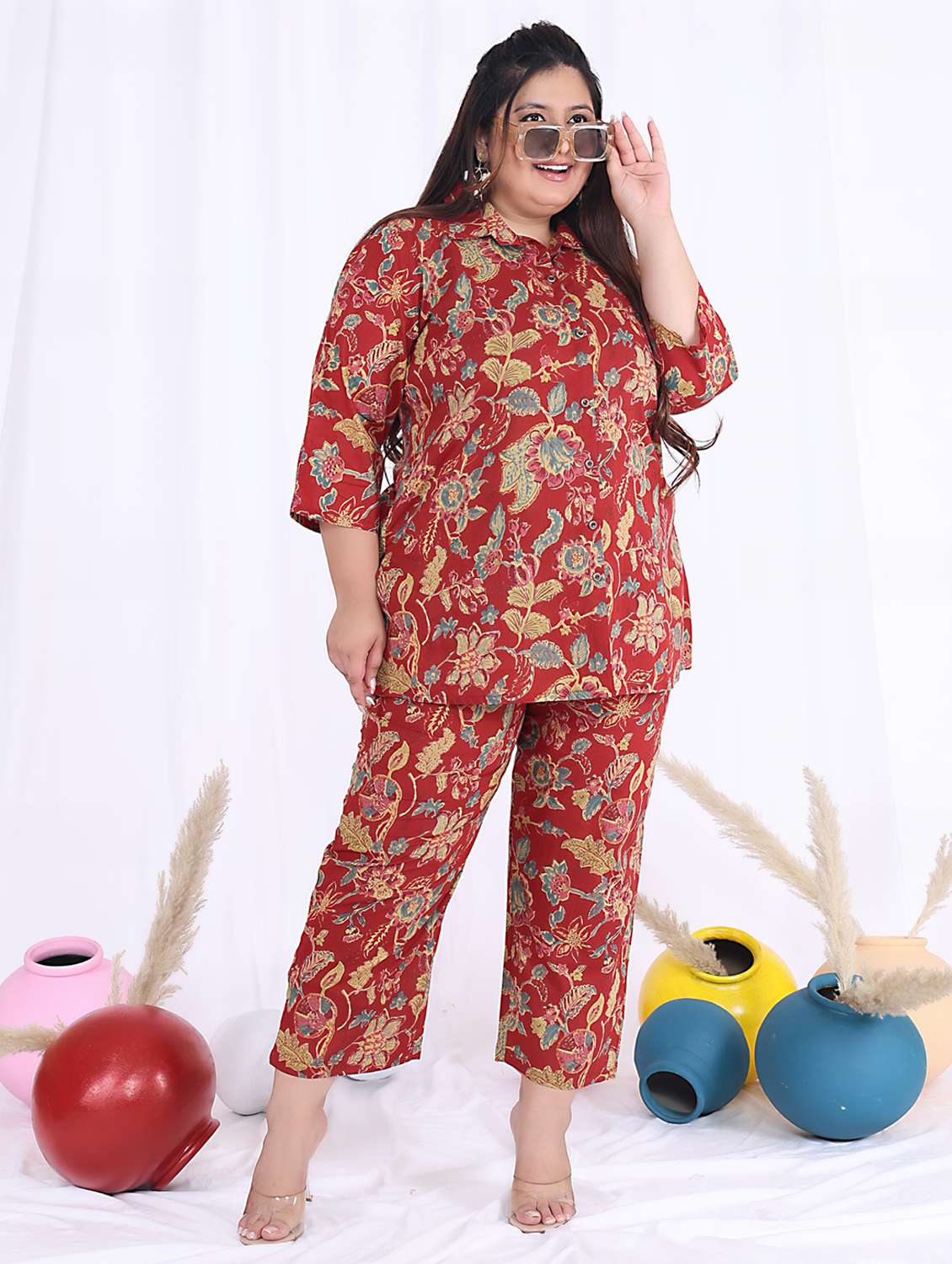 women three quarter sleeve plus size ethnic co-ord set