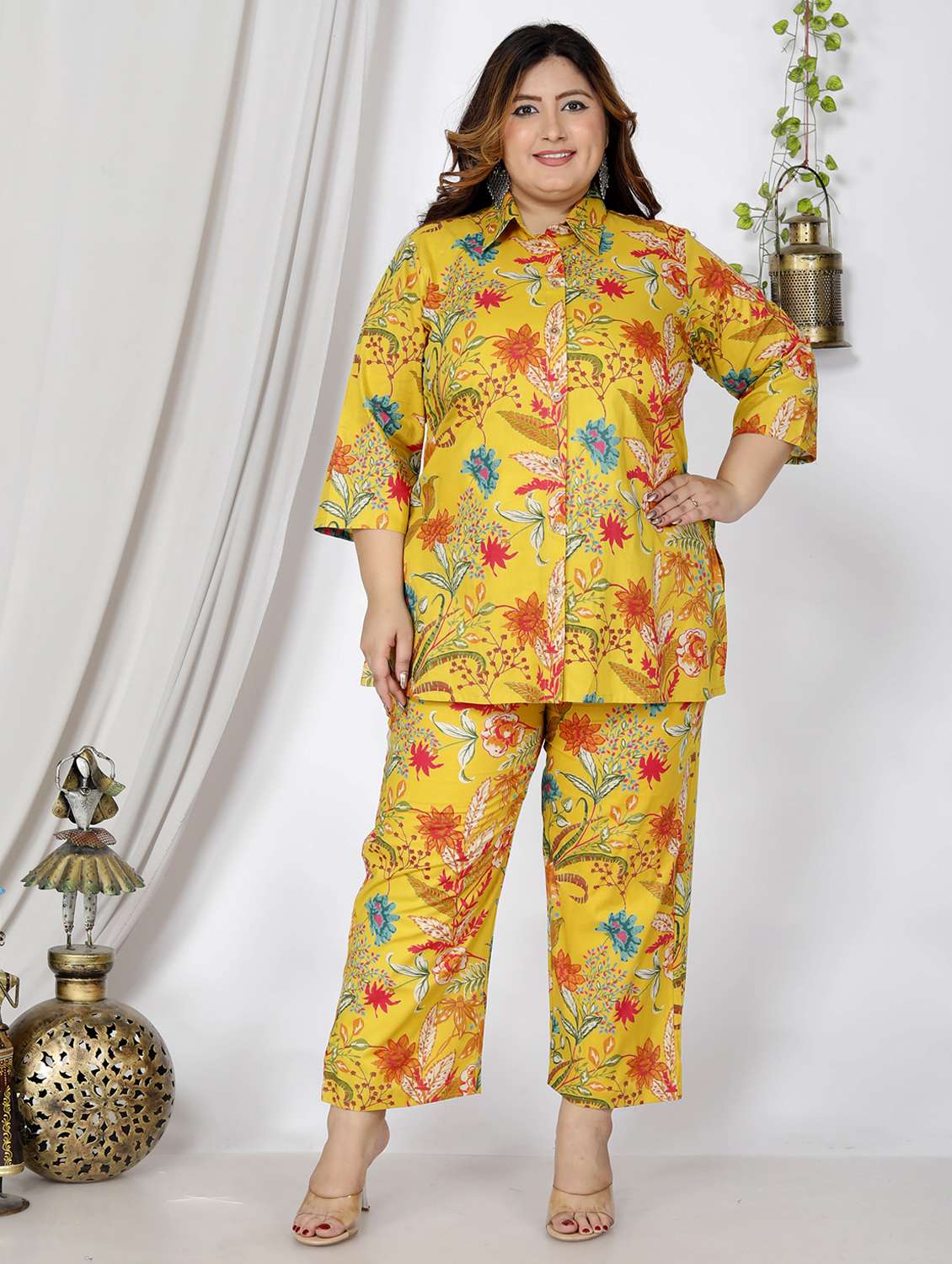 women three quarter sleeve plus size ethnic co-ord set