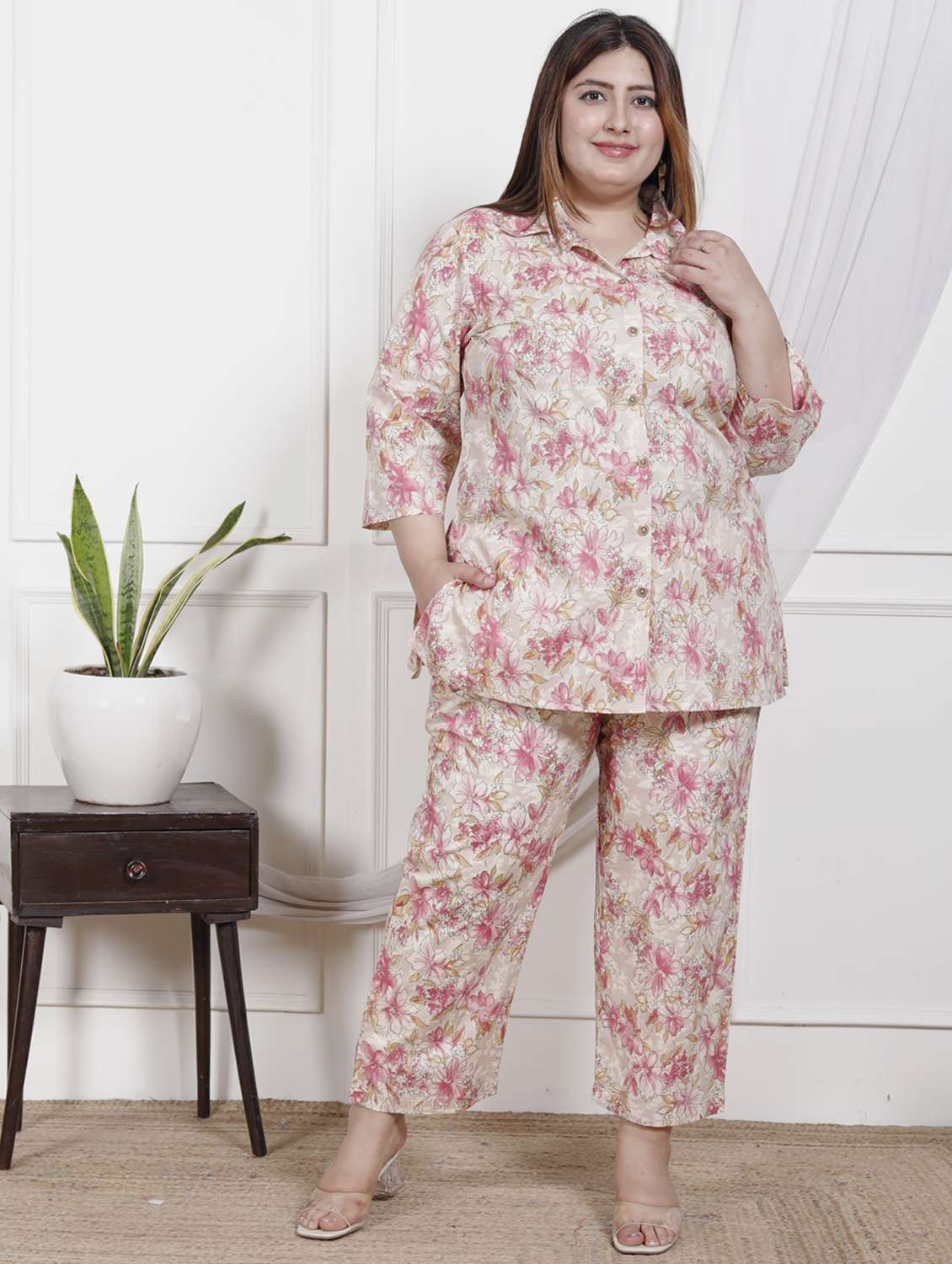 women three quarter sleeve plus size ethnic co-ord set