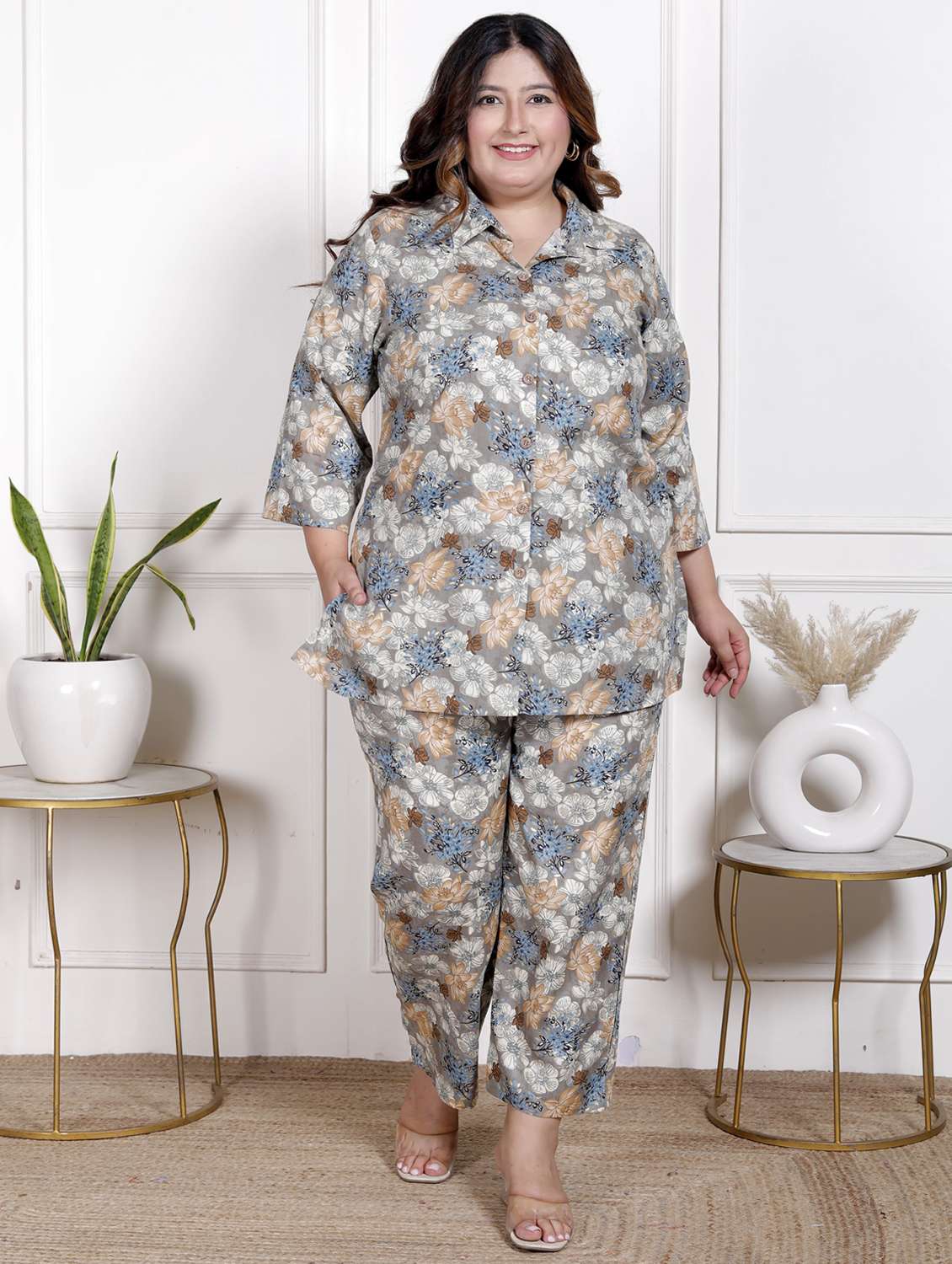 women three quarter sleeve plus size ethnic co-ord set