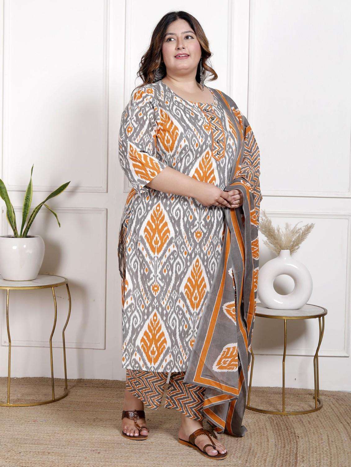 women ikat printed three quarter sleeve kurta pant with dupatta set - 22076526 -  Standard Image - 2