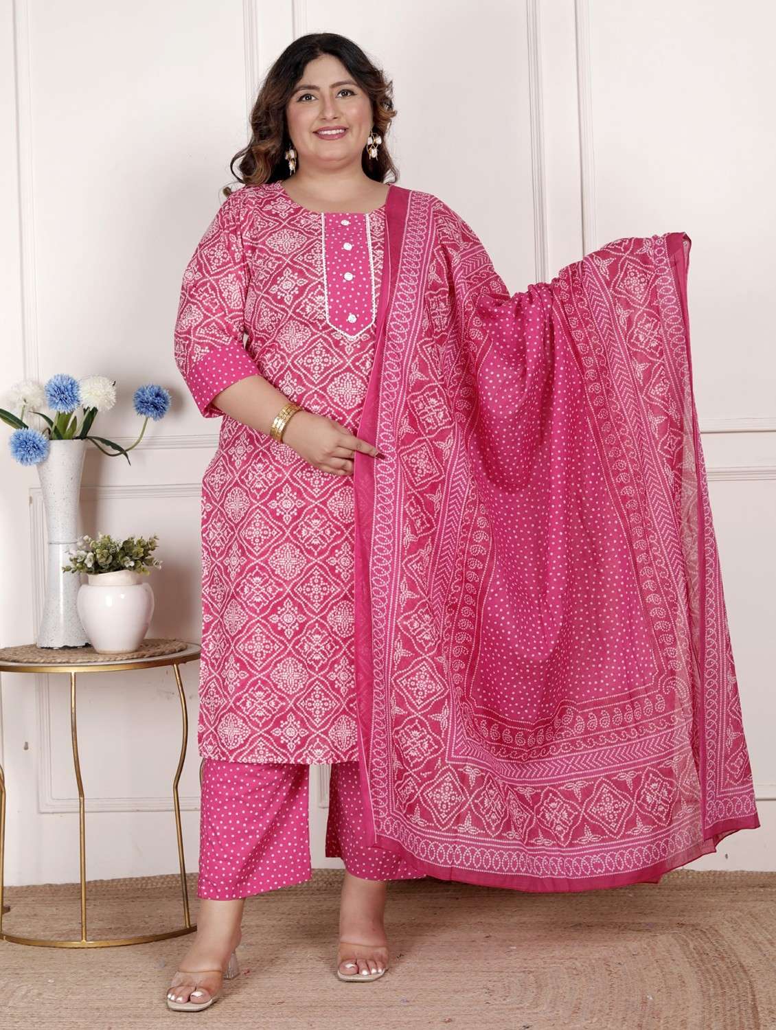 women bandhani printed three quarter sleeve kurta pant with dupatta set - 22076536 -  Standard Image - 2