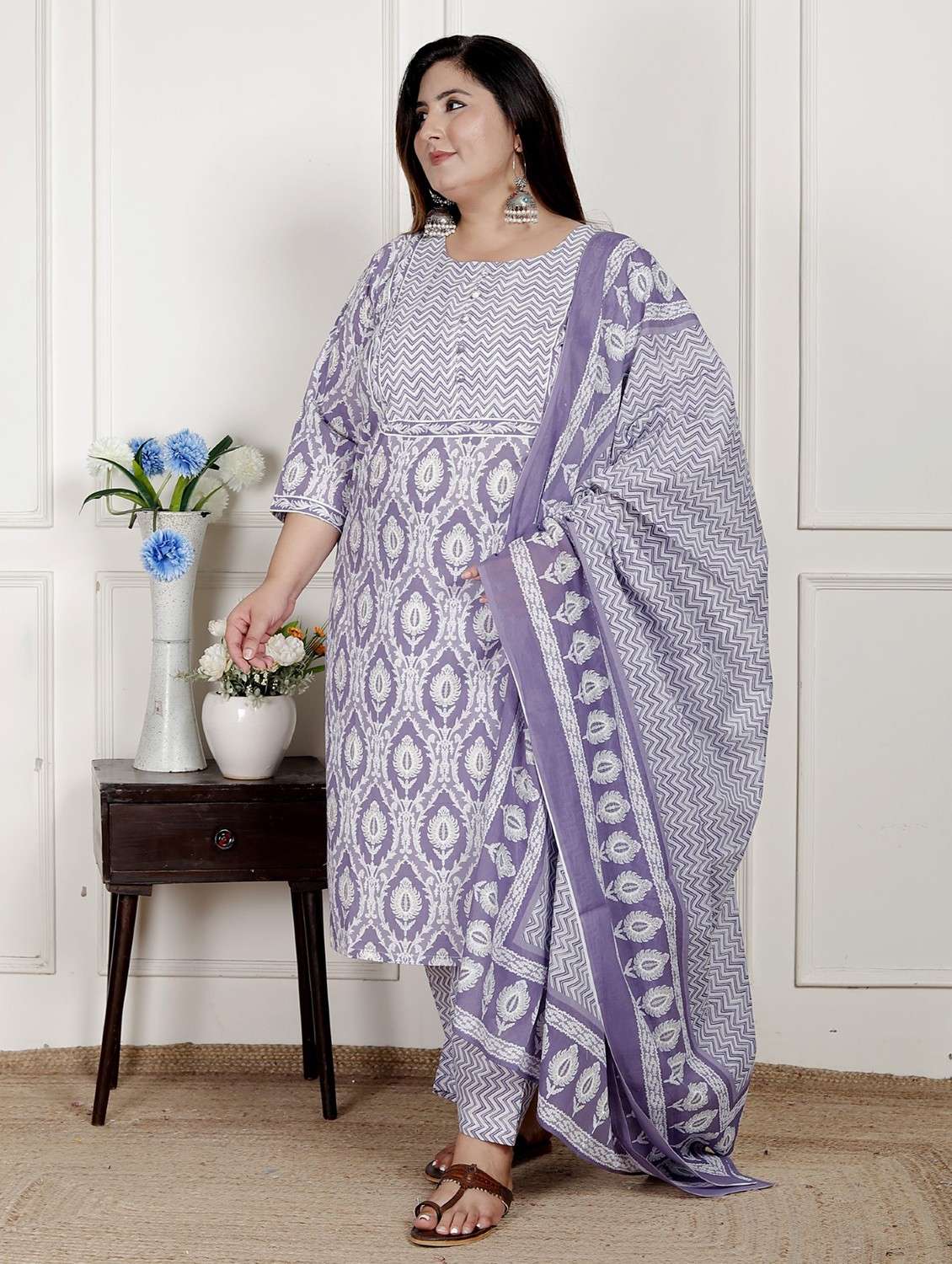 women printed three quarter sleeve kurta pant with dupatta set - 22076539 -  Standard Image - 2