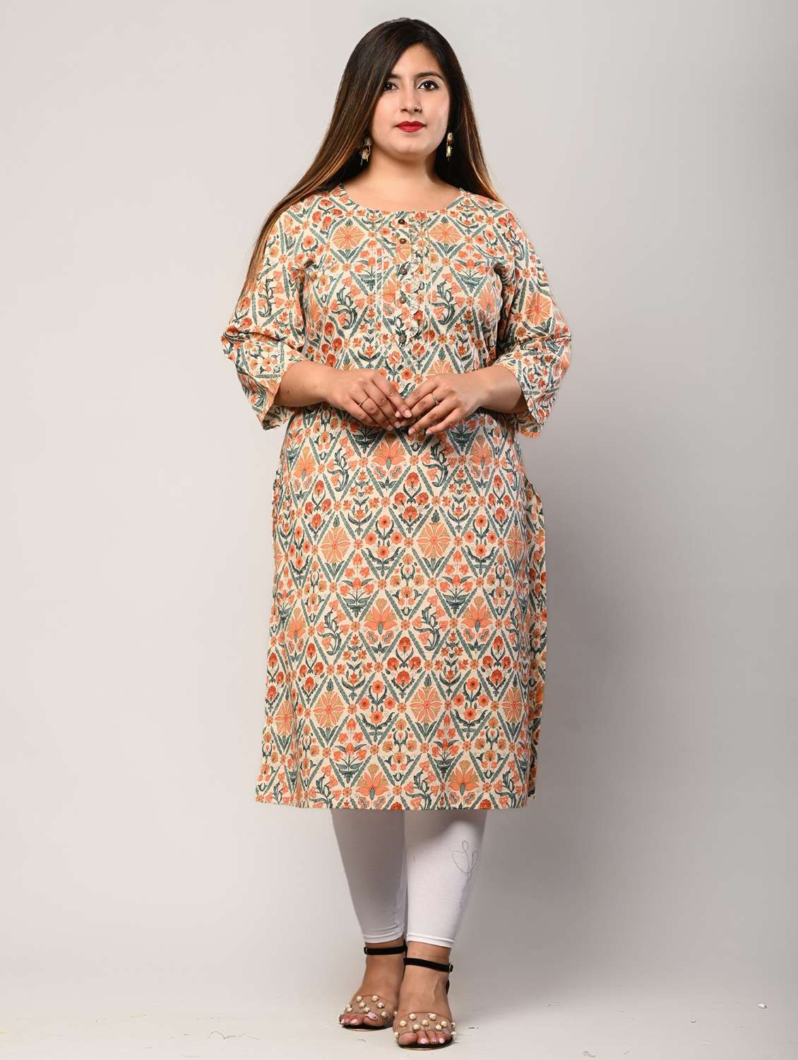 women plus size three quarter sleeve straight kurta