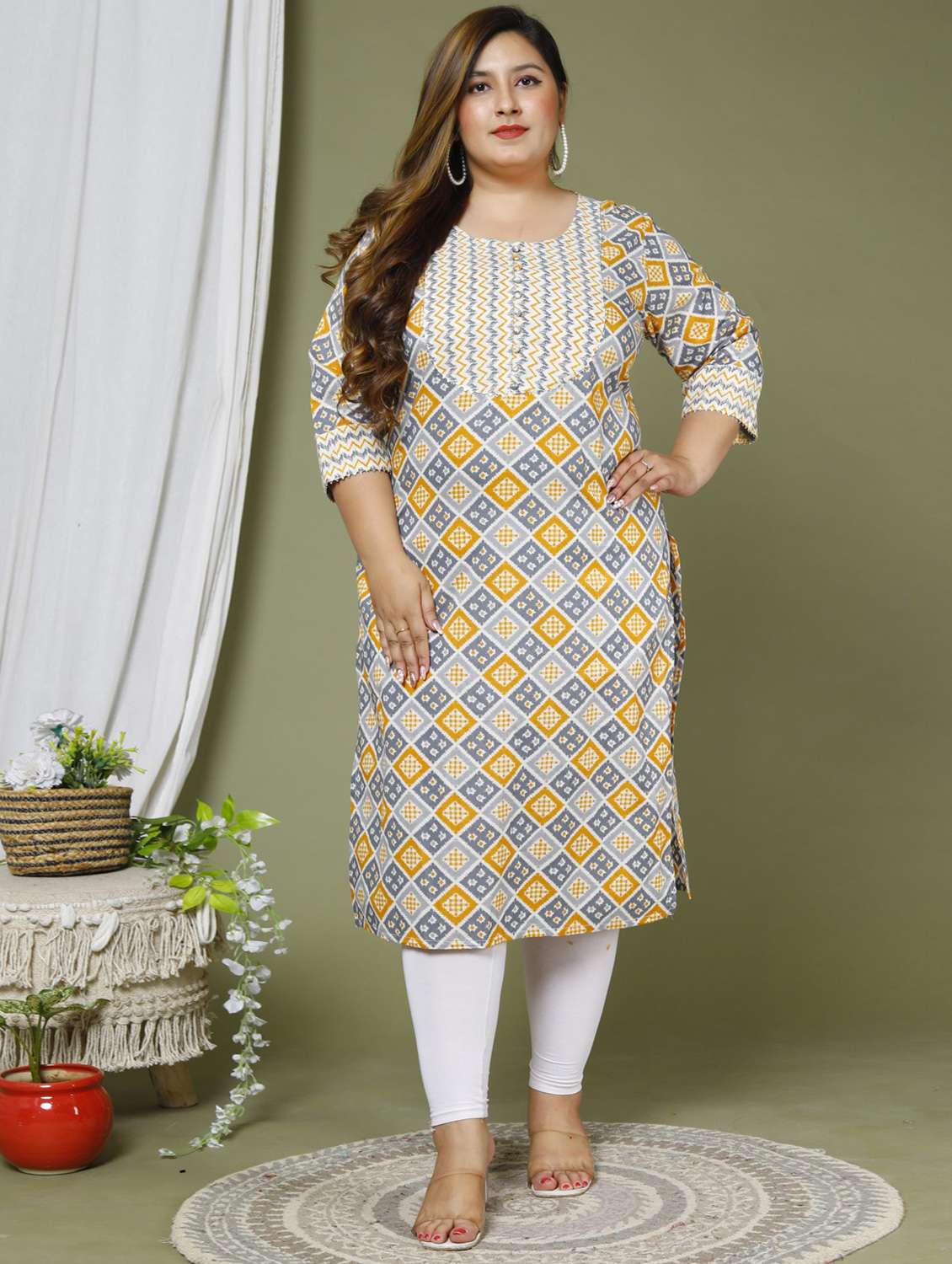 women plus size three quarter sleeve straight kurta