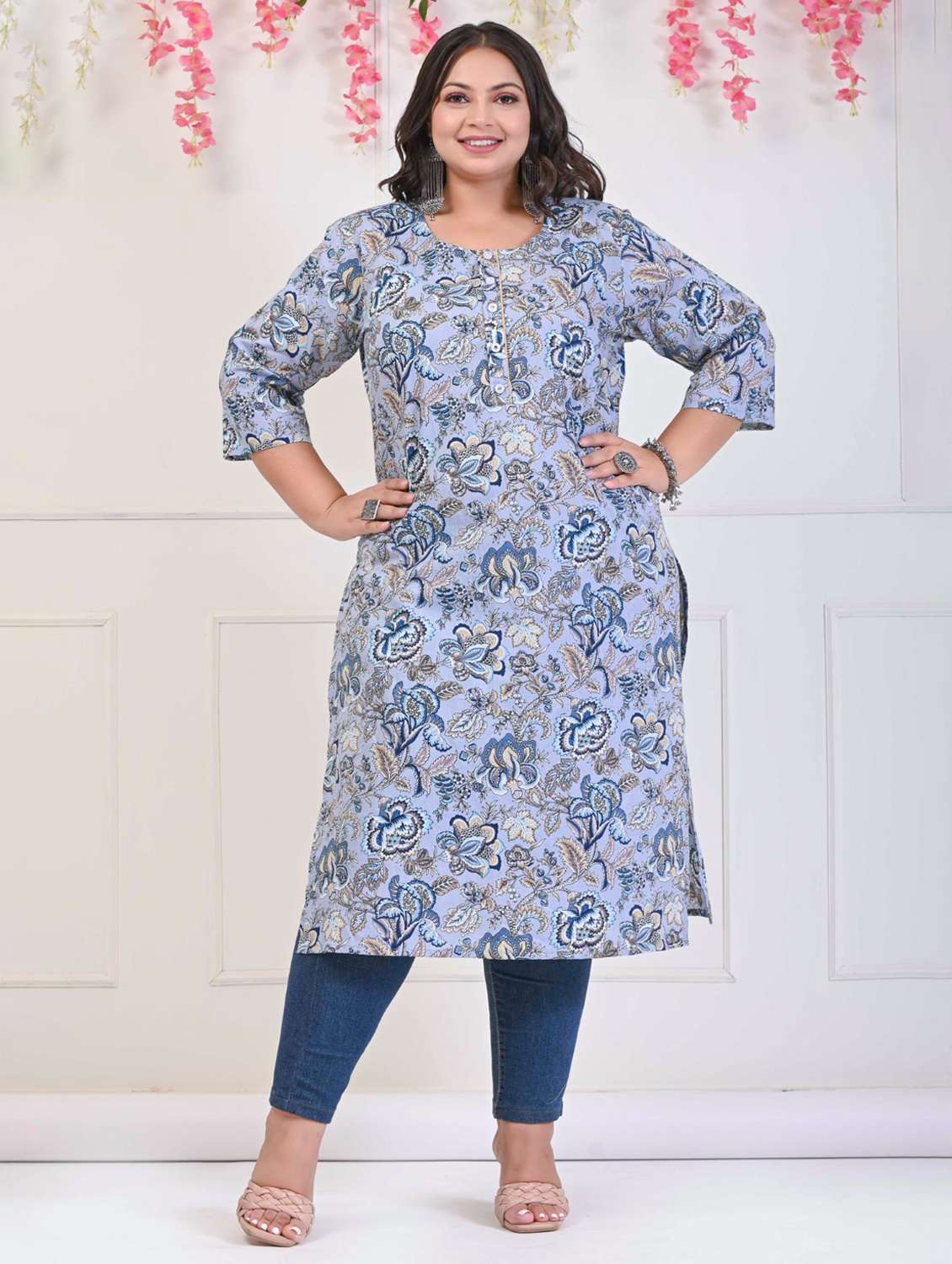women plus size three quarter sleeve straight kurta