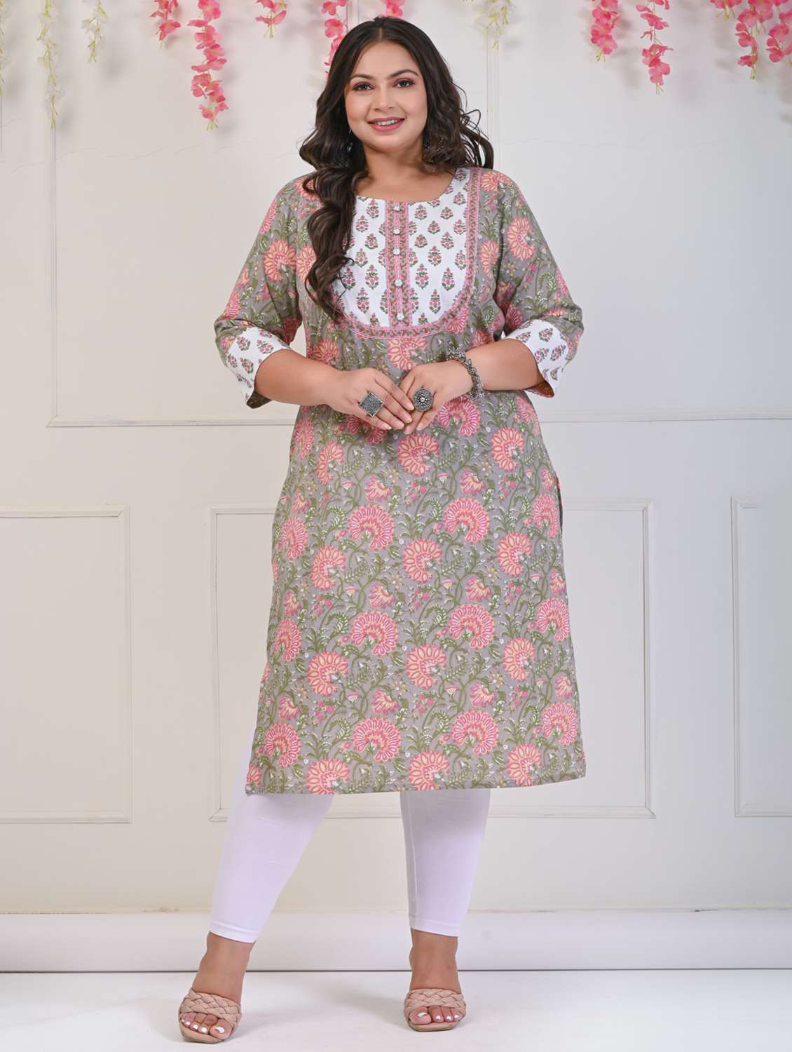 women plus size three quarter sleeve straight kurta
