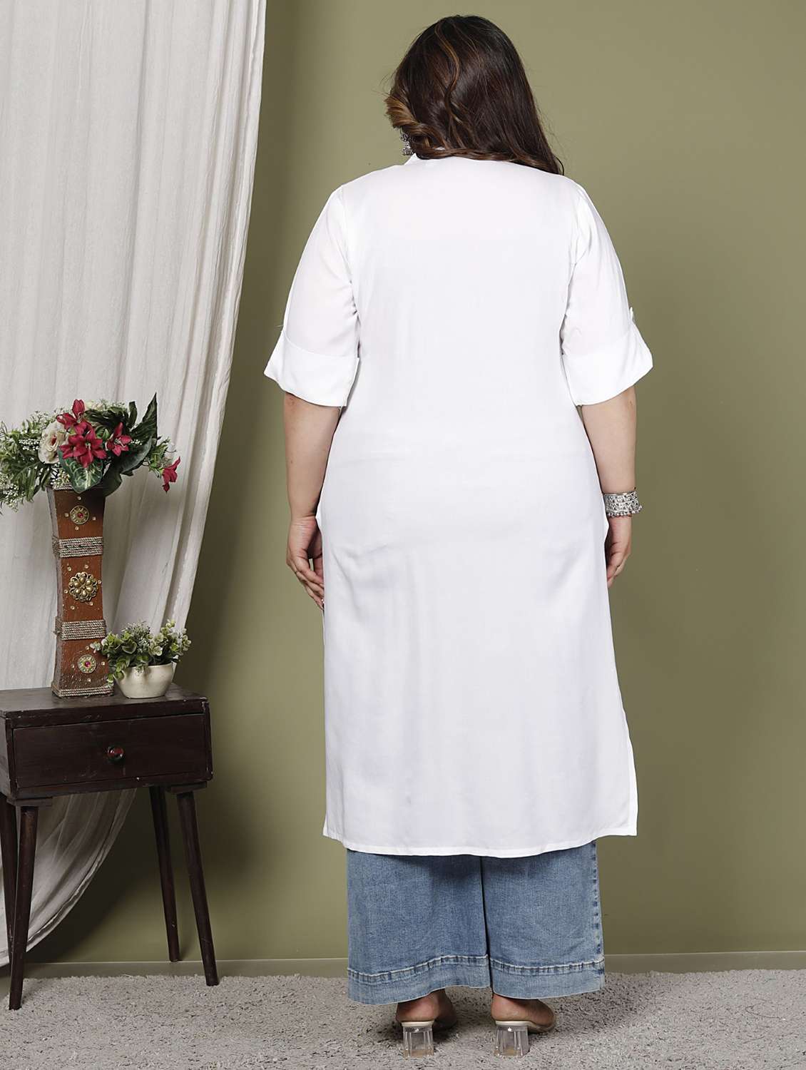 women plus size three quarter sleeve straight kurta - 22076662 -  Standard Image - 2