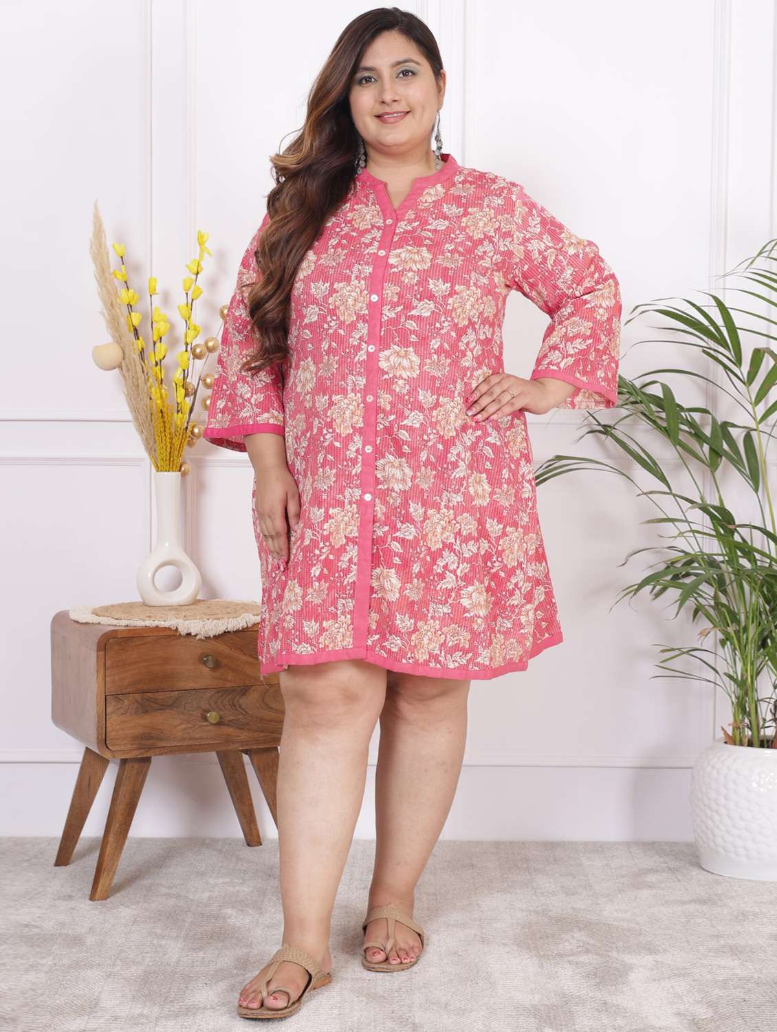 women plus size printed long sleeve a-line dress