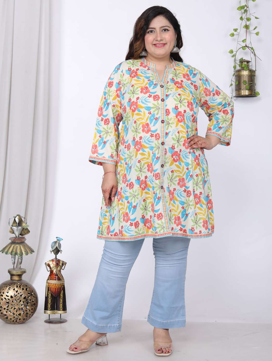women plus size printed long sleeve a-line kurti - 22076720 - Zoom Image - 0