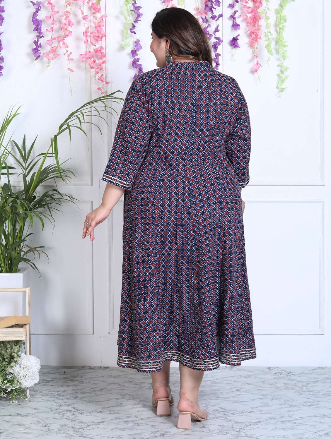 women printed three quarter sleeve flared dress - 22076747 -  Standard Image - 2