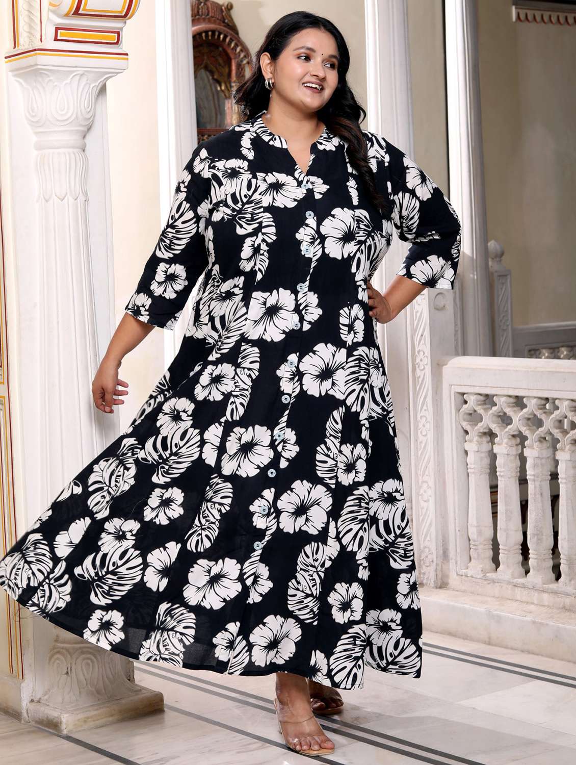 women plus size printed three quarter sleeve dress