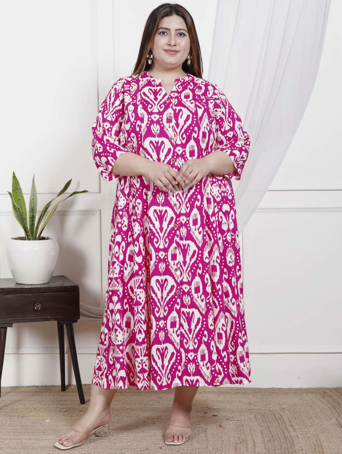 women plus size printed three quarter sleeve dress