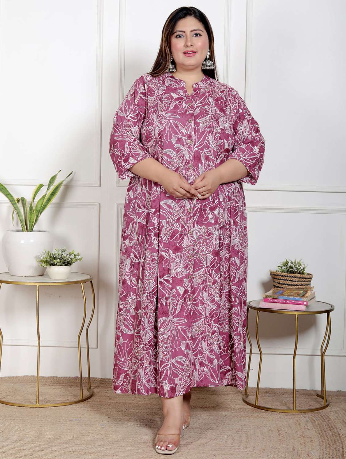 women plus size printed three quarter sleeve dress
