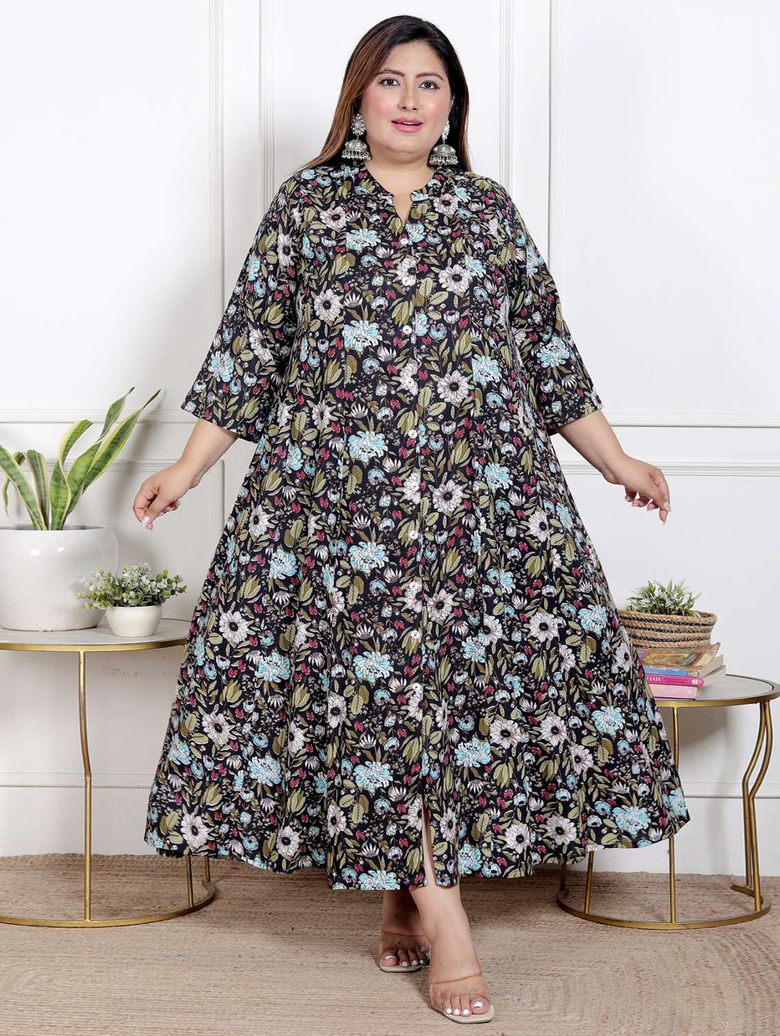 women plus size printed three quarter sleeve dress