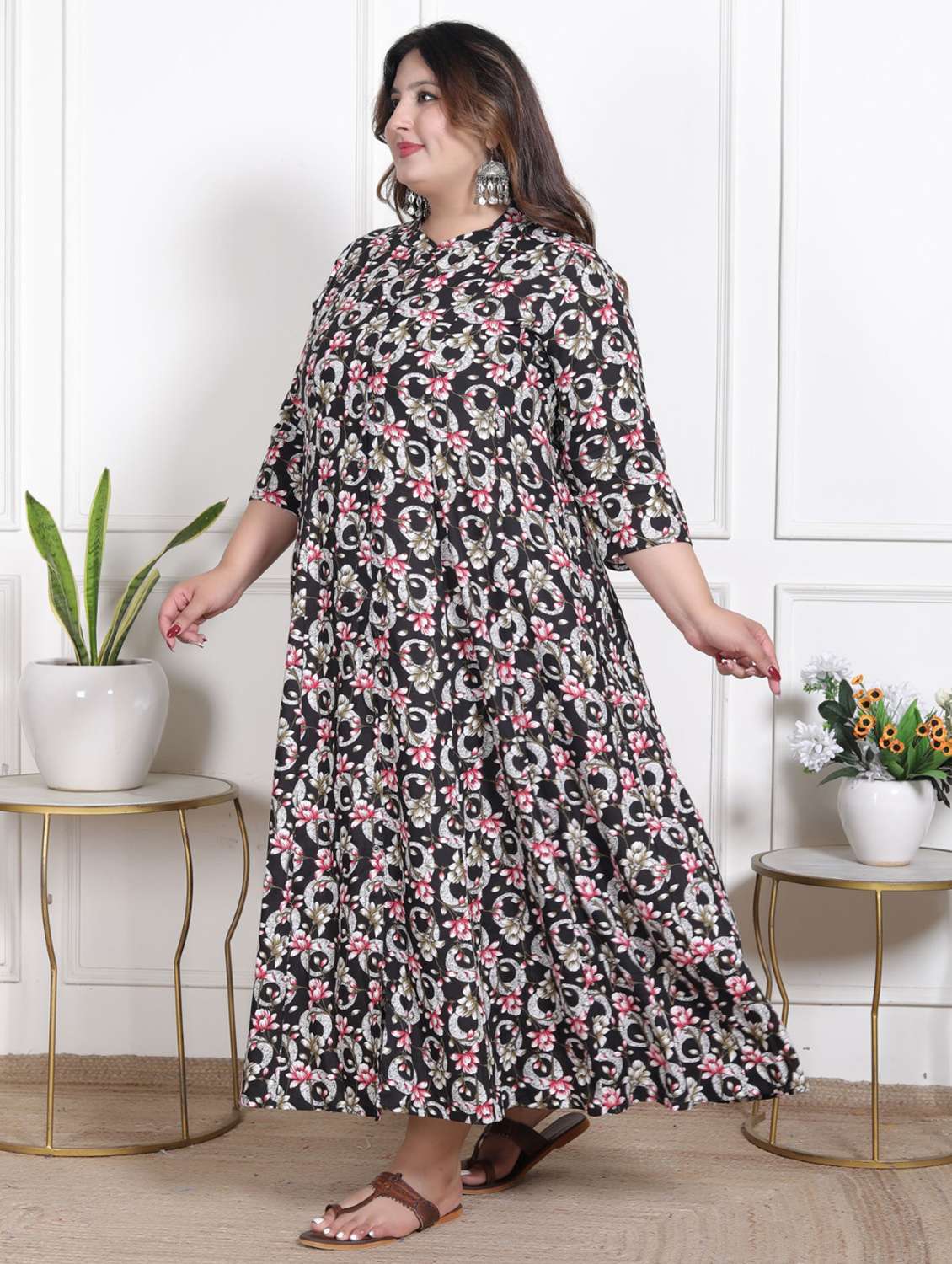 women plus size printed three quarter sleeve dress
