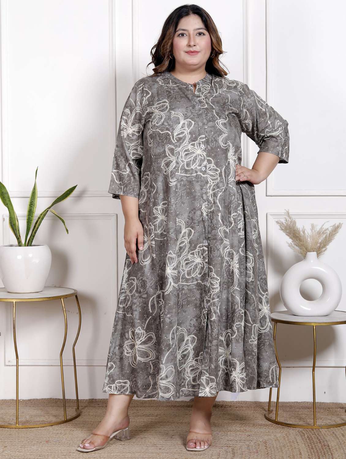 women plus size printed three quarter sleeve dress