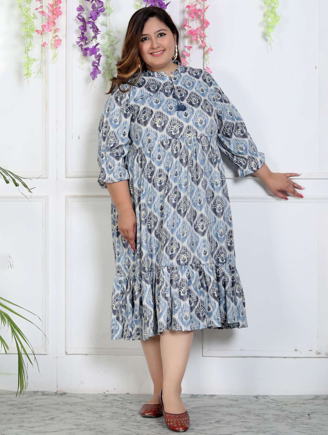 women plus size printed three quarter sleeve dress