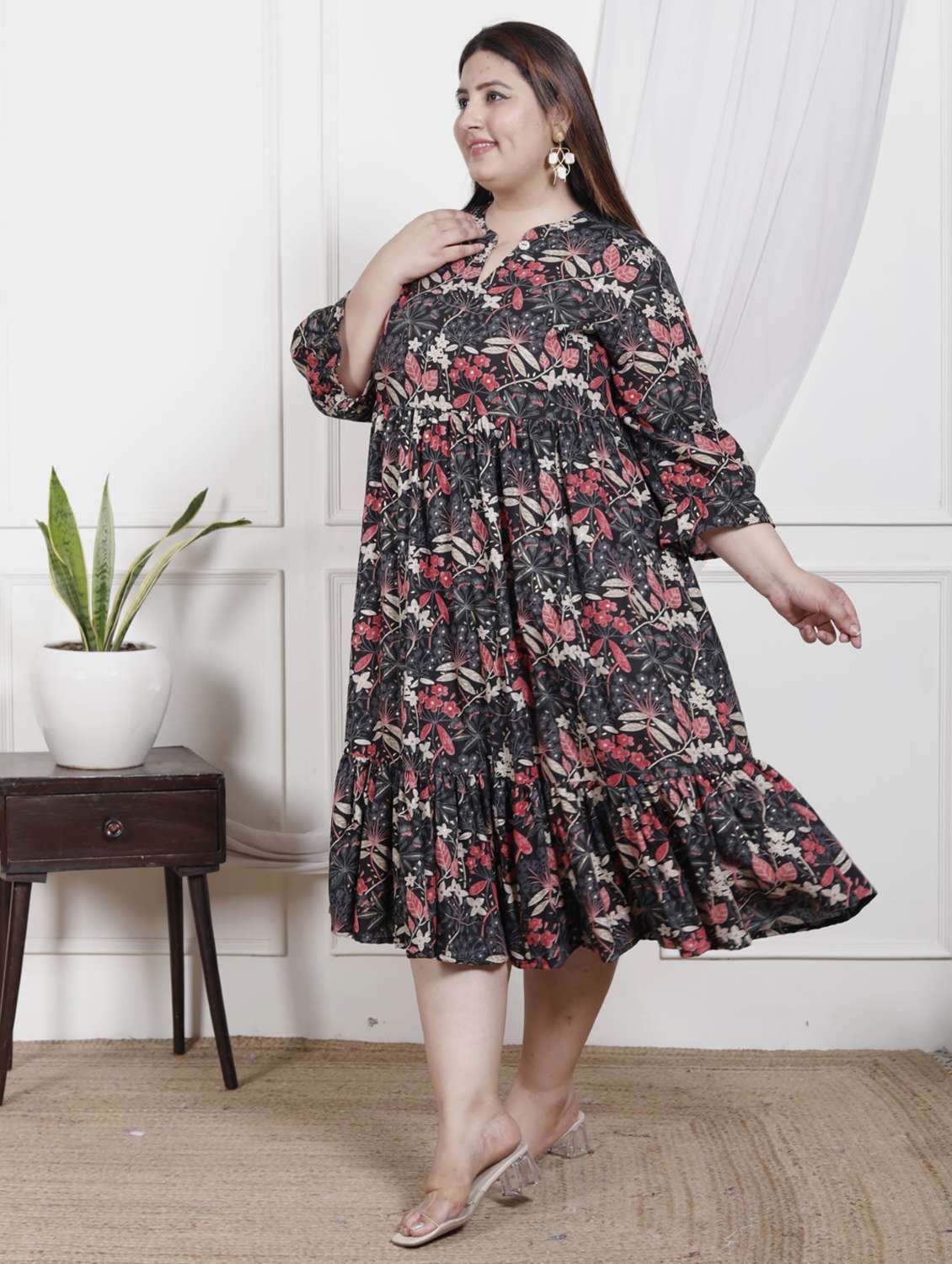 women plus size printed three quarter sleeve dress