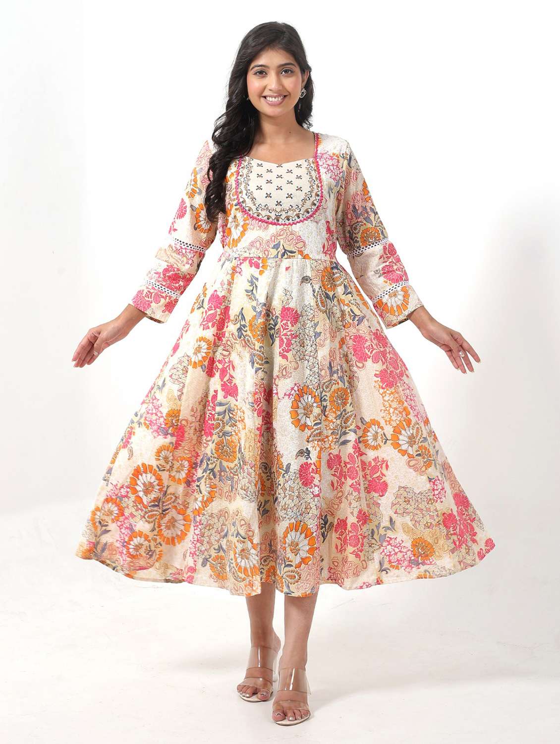 womenn floral print long sleeve fit & flare dress