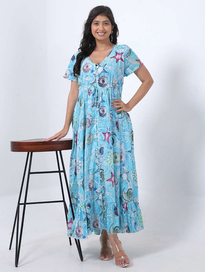 women printed short sleeve tiered maxi dress