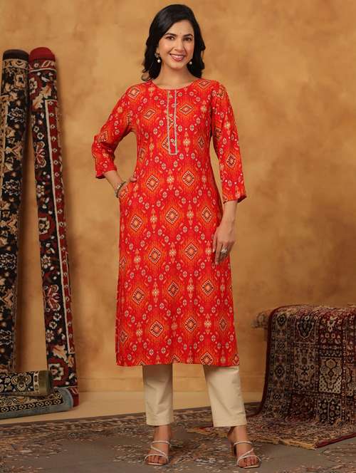 women printed three quarter sleeve straight kurta - 22076873 - Standard Image - 0