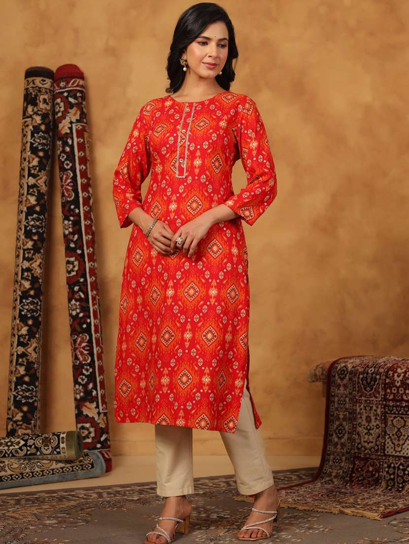 women printed three quarter sleeve straight kurta - 22076873 - Standard Image - 2