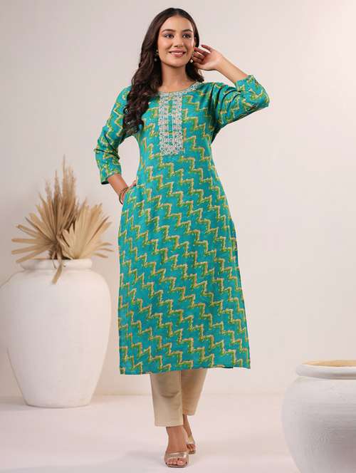 women printed three quarter sleeve straight kurta - 22076874 - Standard Image - 0