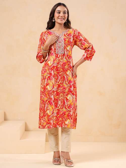 women printed three quarter sleeve straight kurta - 22076878 -  Standard Image - 0