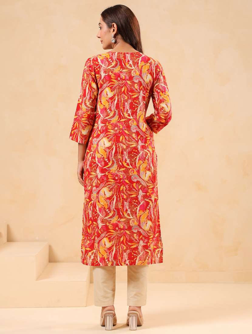 women printed three quarter sleeve straight kurta - 22076878 - Standard Image - 2