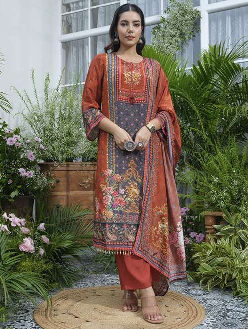 women printed long sleeve kurta pant with dupatta set