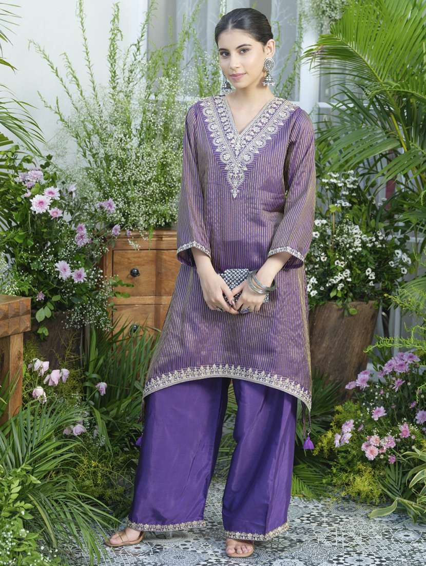 women striped three quarter sleeve kurta pant set - 22076952 - Standard Image - 2