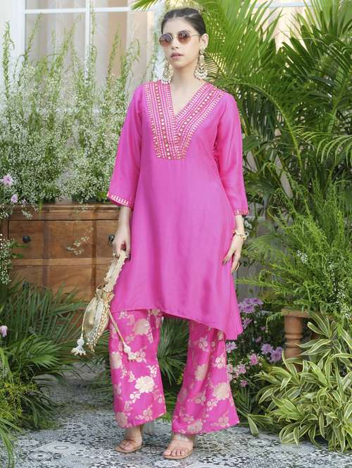 women solid three quarter sleeve kurta pant set - 22076955 -  Standard Image - 0