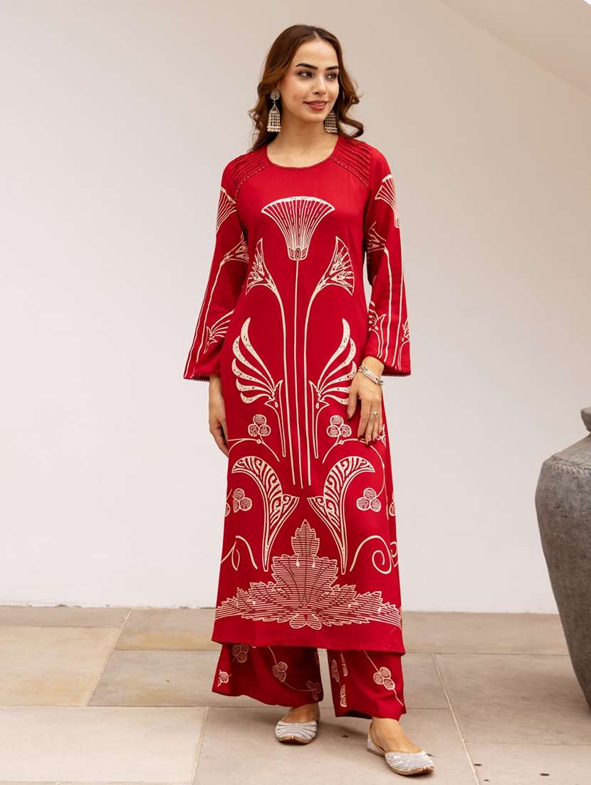 women printed long sleeve kurta palazzo set - 22076959 -  Zoom Image - 0