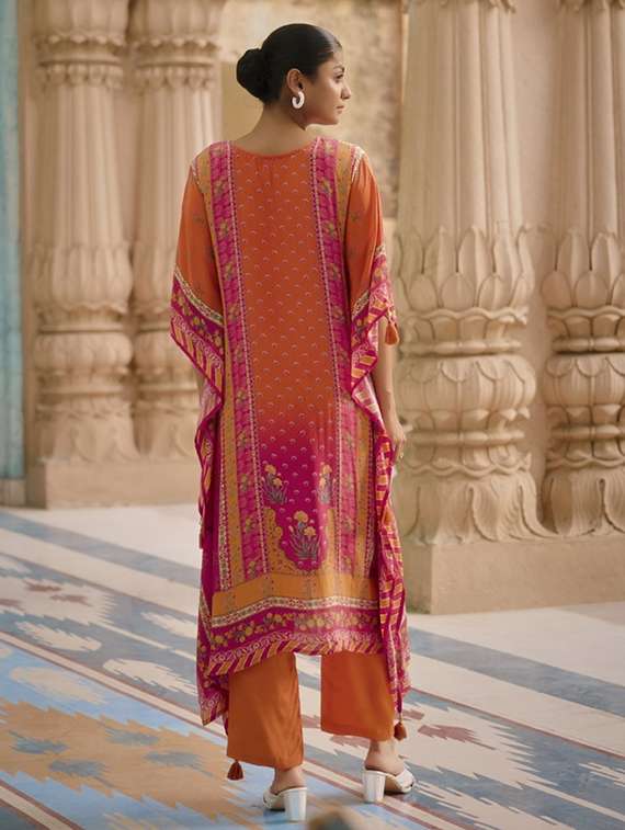 women printed kimono sleeve kaftan kurta with pant set - 22076961 - Standard Image - 2