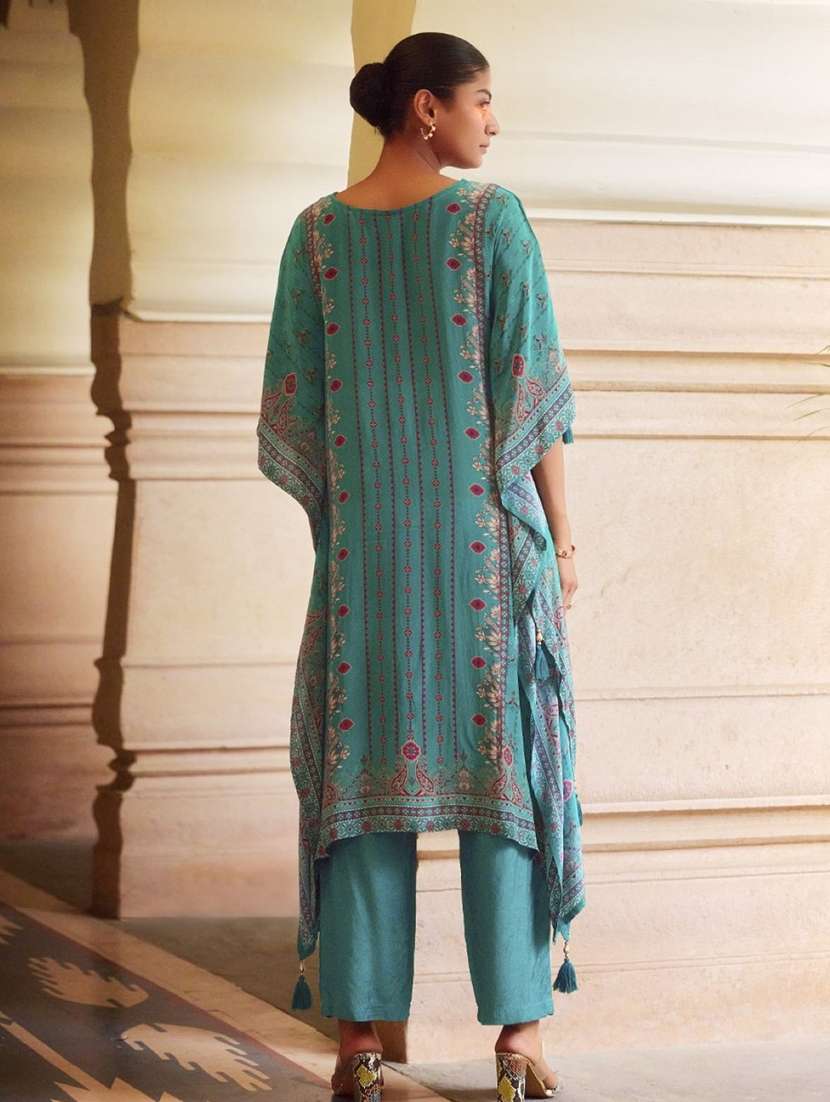 women printed kimono sleeve kaftan kurta with pant set - 22076962 - Standard Image - 2