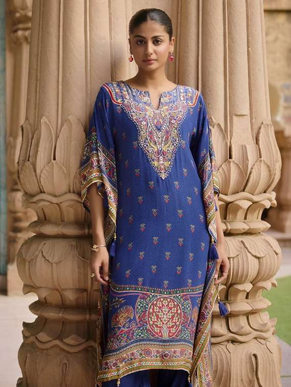women printed kimono sleeve kaftan kurta with pant set - 22076964 - Standard Image - 2