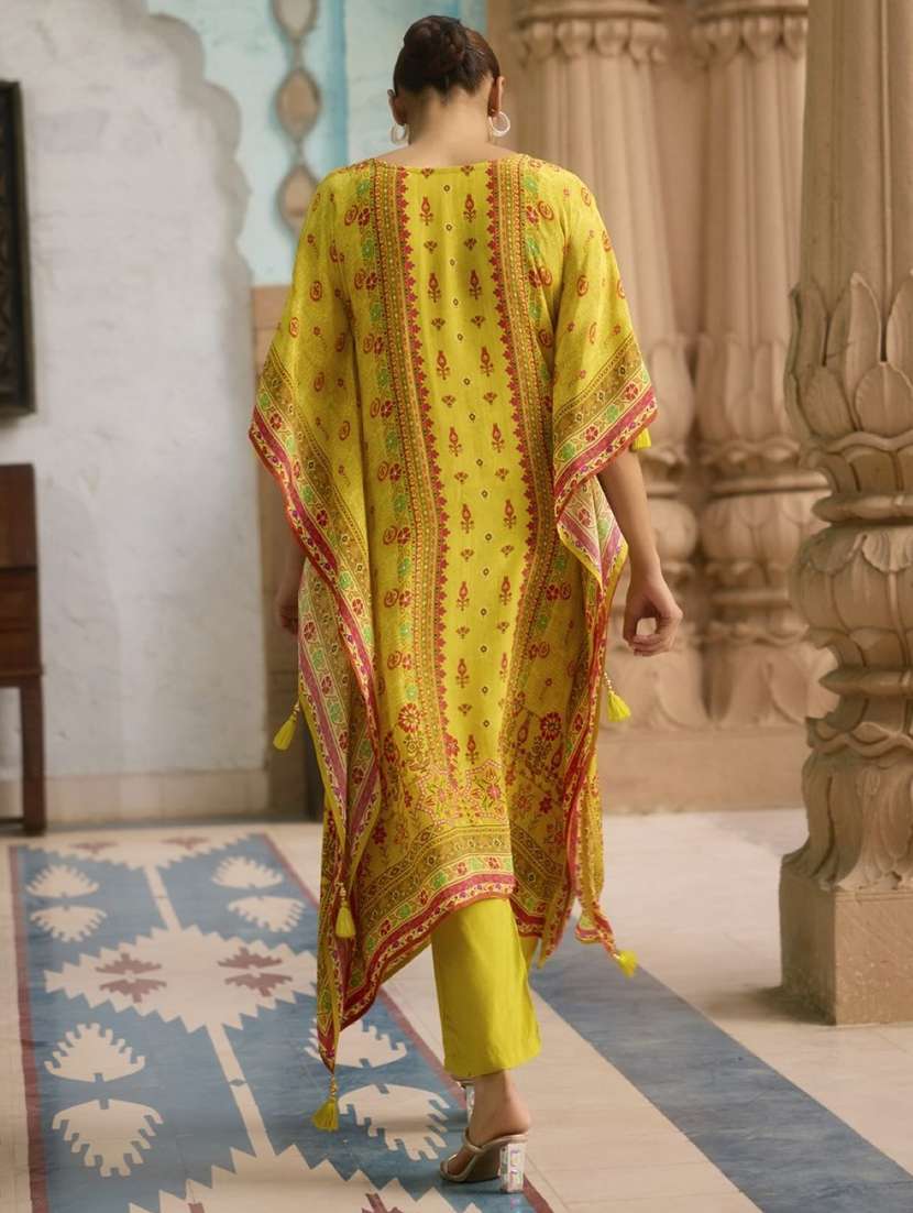 women printed kimono sleeve kaftan kurta with pant set - 22076977 - Standard Image - 2