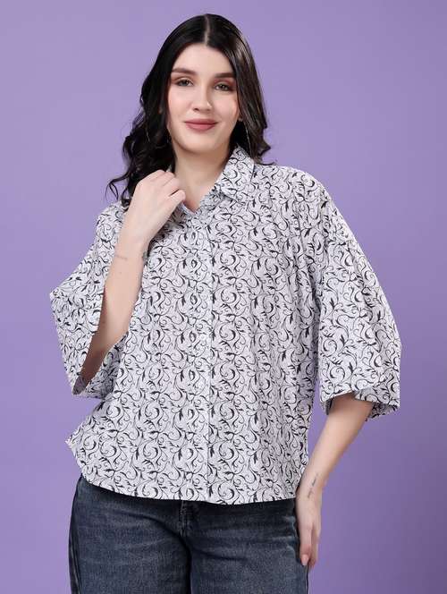 women printed drop shoulder collared oversized shirt - 22077002 - Standard Image - 0