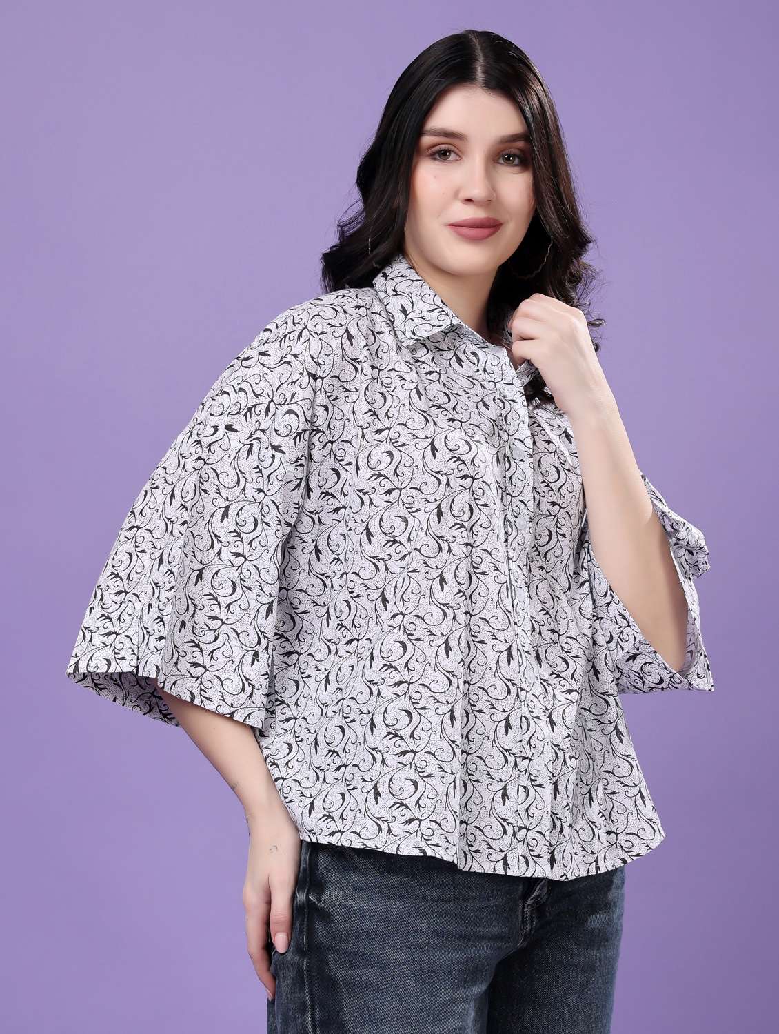 women printed drop shoulder collared oversized shirt - 22077002 - Standard Image - 2