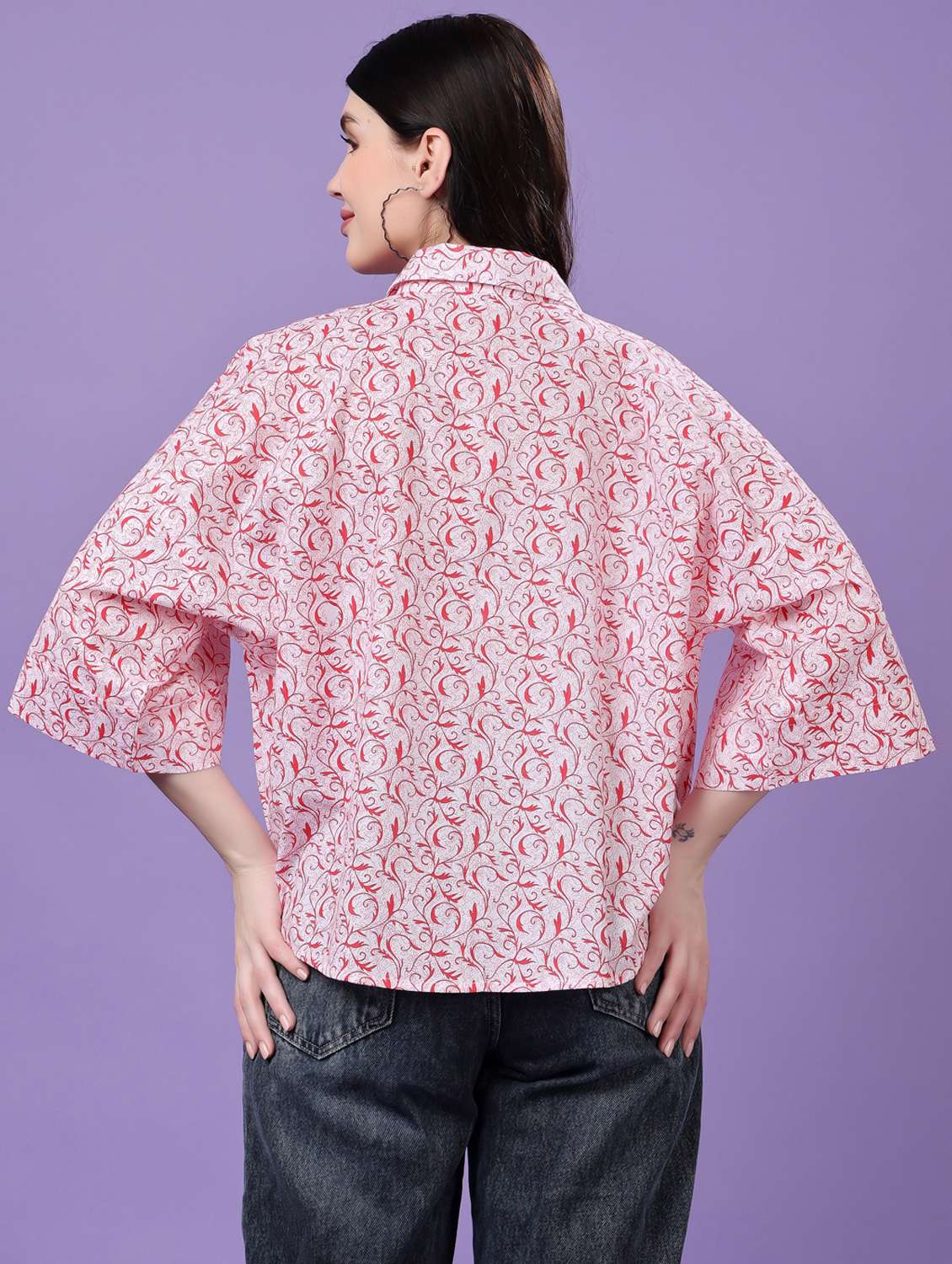 women printed drop sleeve collared oversized shirt - 22077003 - Standard Image - 2