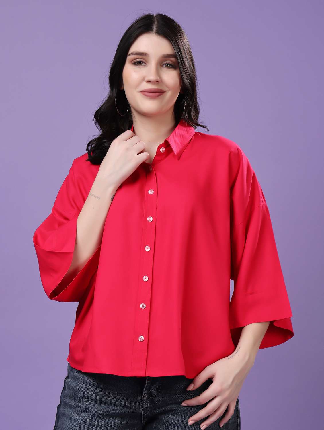 women solid drop sleeve collared oversized shirt