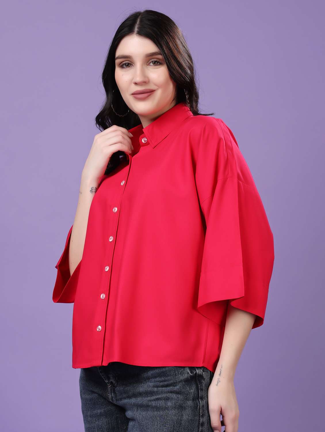 women solid drop sleeve collared oversized shirt - 22077004 - Standard Image - 2