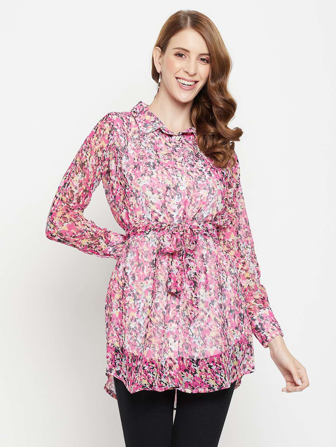 women printed collared long sleeve shirt tunic - 22077006 - Zoom Image - 0